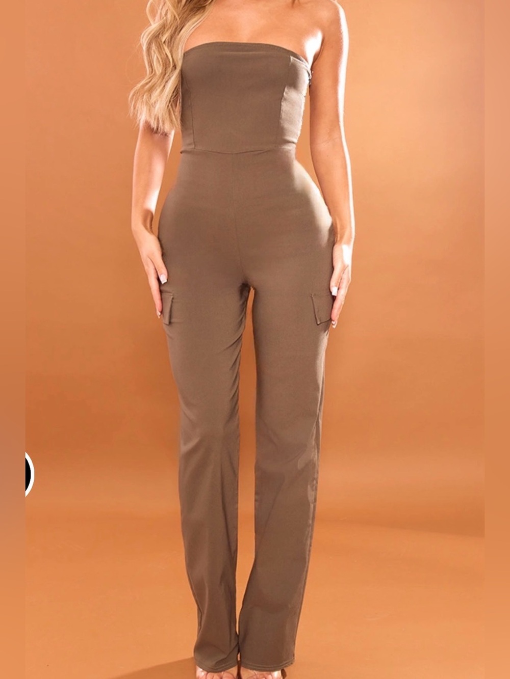PrettyLittleThing Olive Strapless Wide Leg Cargo Jumpsuit